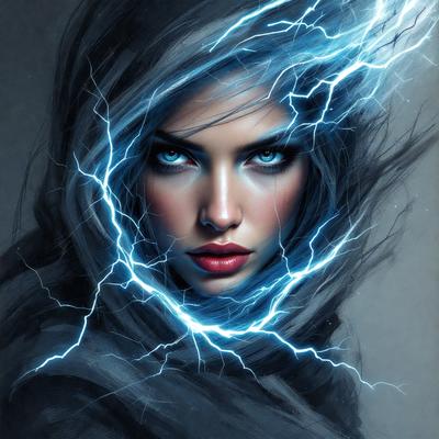The primary subject of the image is a woman with blue eyes, wearing a black hooded sweatshirt. She is the main focus of the image. The setting is a dark room, with a backdrop of a bright blue sky. The visual style is a digital art or illustration, as the woman's eyes are described as "blue lightning." The colors and mood of the image are predominantly dark, with the blue sky providing a contrasting element.